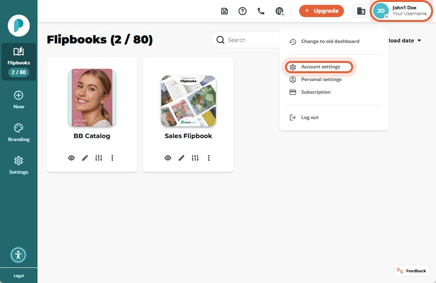 Flipbooks page with profile menu open; the “Account settings” option in the dropdown is circled for 