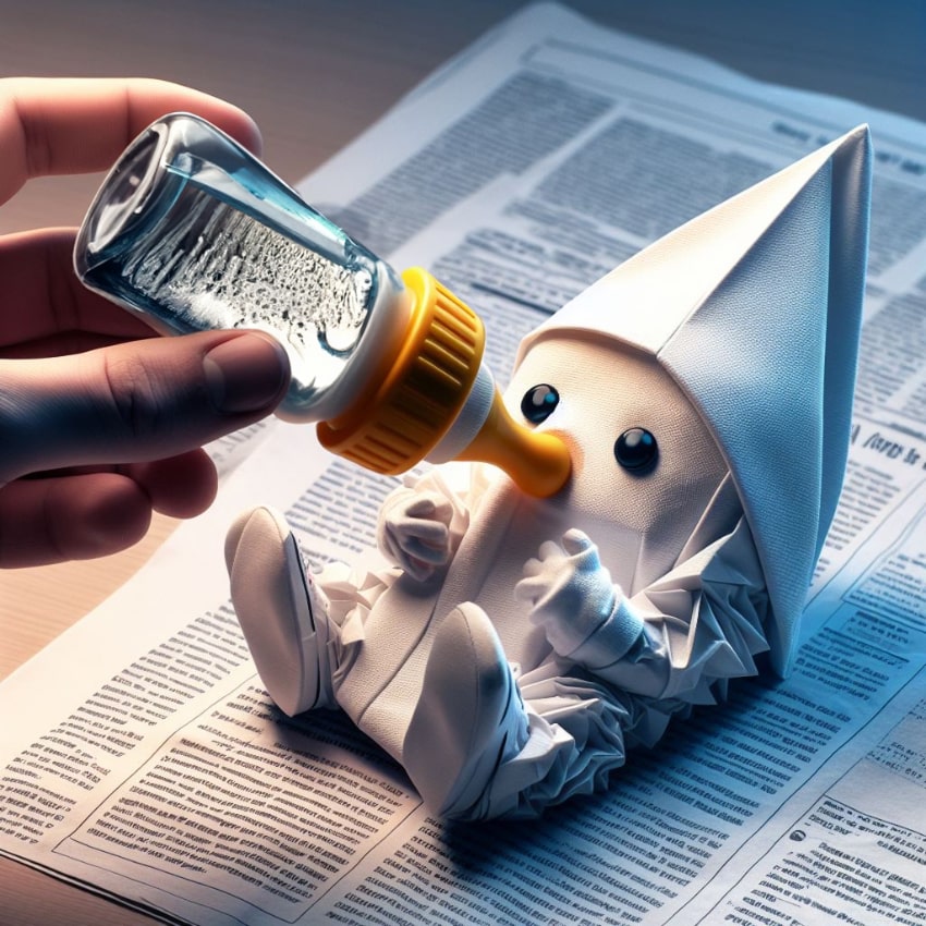 A human hand holds a baby bottle, feeding water to a baby figure made entirely of paper. A human hand holds a baby bottle, feeding water to a baby figure made entirely of paper.