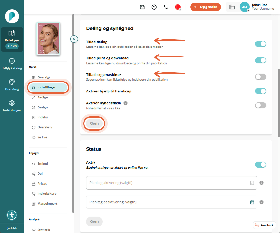 Sektionen Deling og synlighed i Indstillinger. Skiftere for Tillad deling og Tillad læser download o
