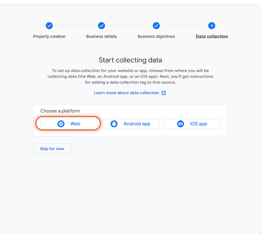 Oprettelse af datainindsamling i Google Analytics med Web-platformen fremhævet. for BB Catalog med b