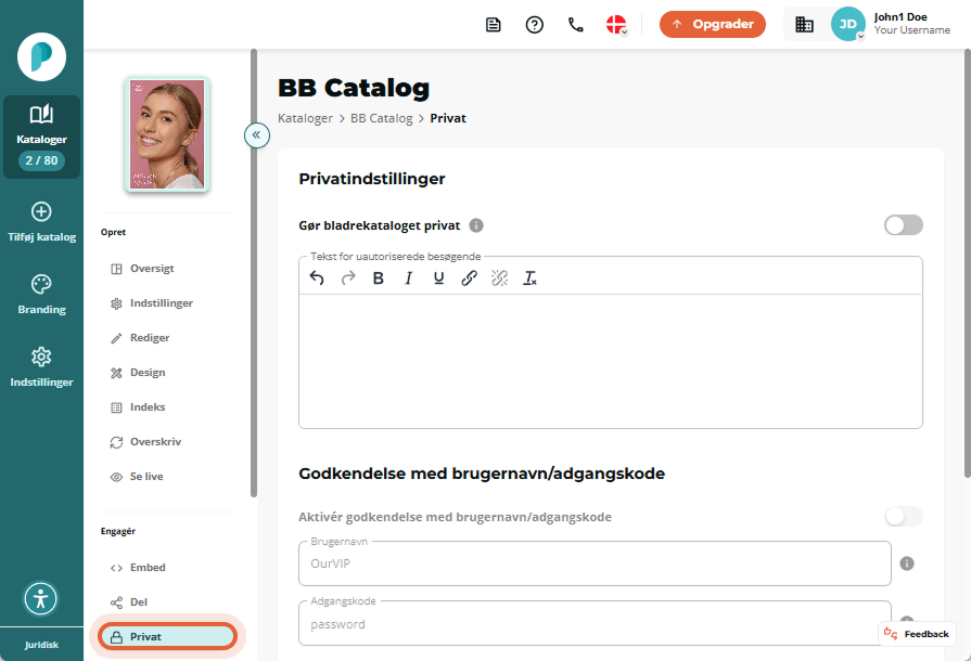 Siden med privatlivsindstillinger for BB Catalog, alle valgmuligheder er deaktiverede, inkl. adgangs