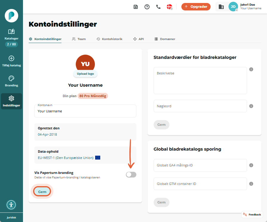 På siden med kontoinstillinger deaktiverer brugeren På siden med kontoinstillinger deaktiverer brugeren