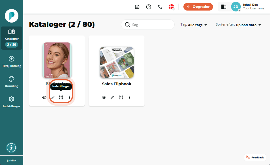 Flipbook-oversigtsskærm, der viser BB Catalog og Sales Flipbook.
