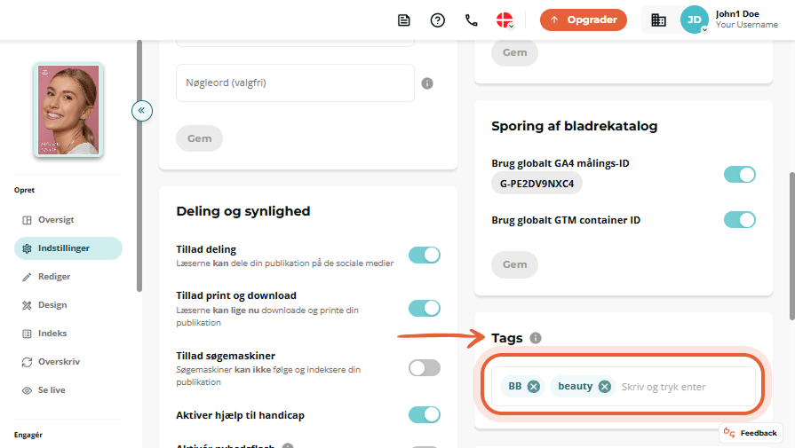 Indstillinger for deling og synlighed udvidet, viser aktiveret Newsflash-skifte med forskellige tilp Indstillinger for deling og synlighed udvidet, viser aktiveret Newsflash-skifte med forskellige tilp
