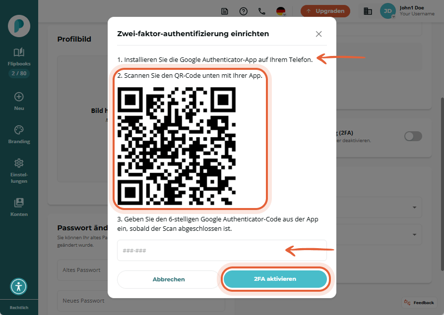 Popupfenster mit QR-Code und Anweisungen zur Einrichtung der Zwei-Faktor-Authentifizierung Popupfenster mit QR-Code und Anweisungen zur Einrichtung der Zwei-Faktor-Authentifizierung