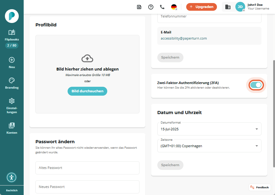 2FA-Schalter auf Ein im Panel Persönliche Einstellungen 2FA-Schalter auf Ein im Panel Persönliche Einstellungen