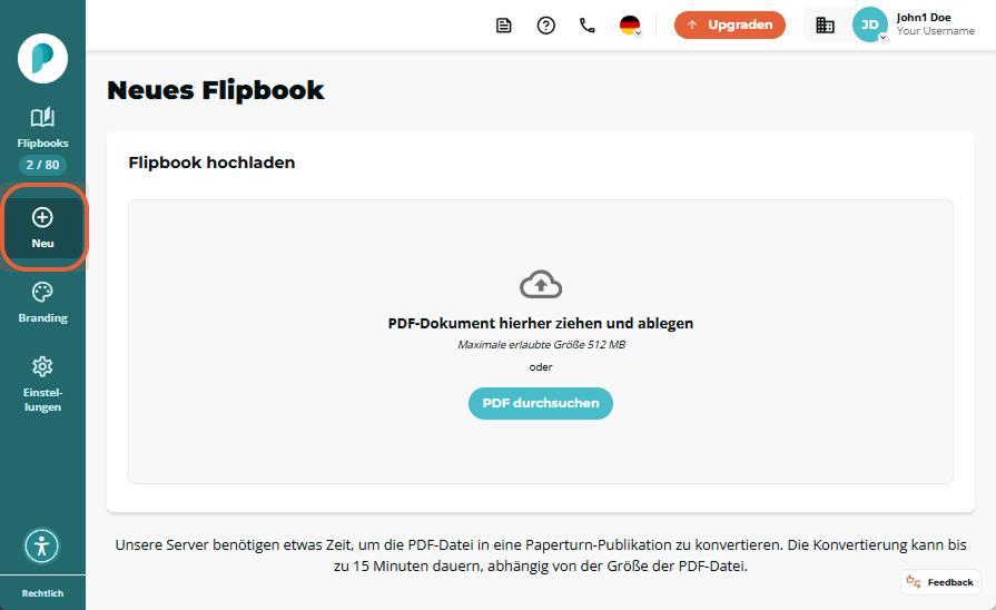 Das Papeturn Dashboard öffnet sich auf der Seite Neues Flipbook. In der linken Seitenleiste stehen d