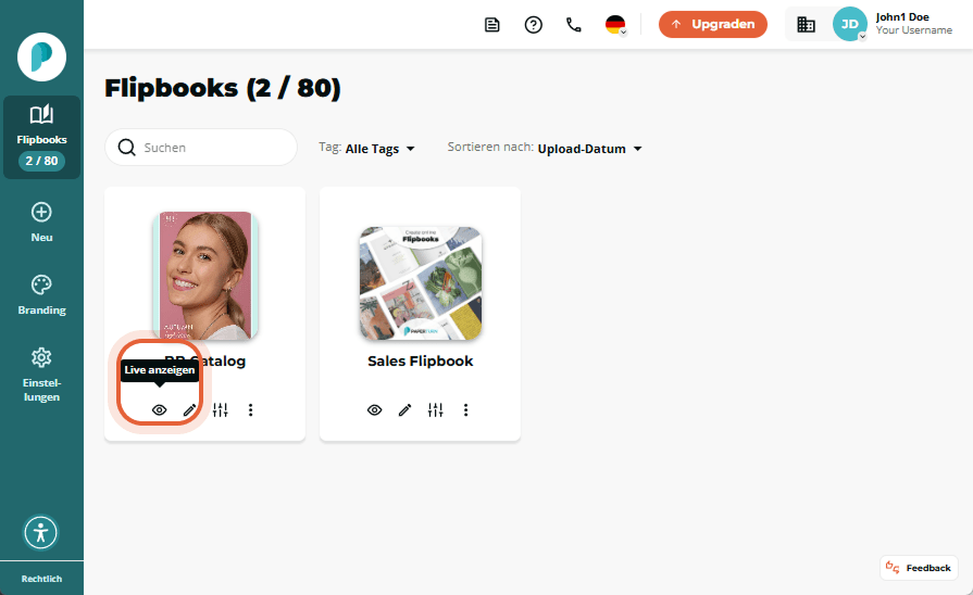 Die Flipbook Bibliothek zeigt zwei Karten eine mit dem Titel flipbook title und eine zweite Beispiel