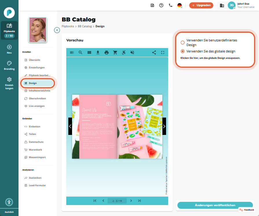 Design Seite für das Flipbook. Eine Flipbook Vorschau befindet sich in der Mitte während die rechte 