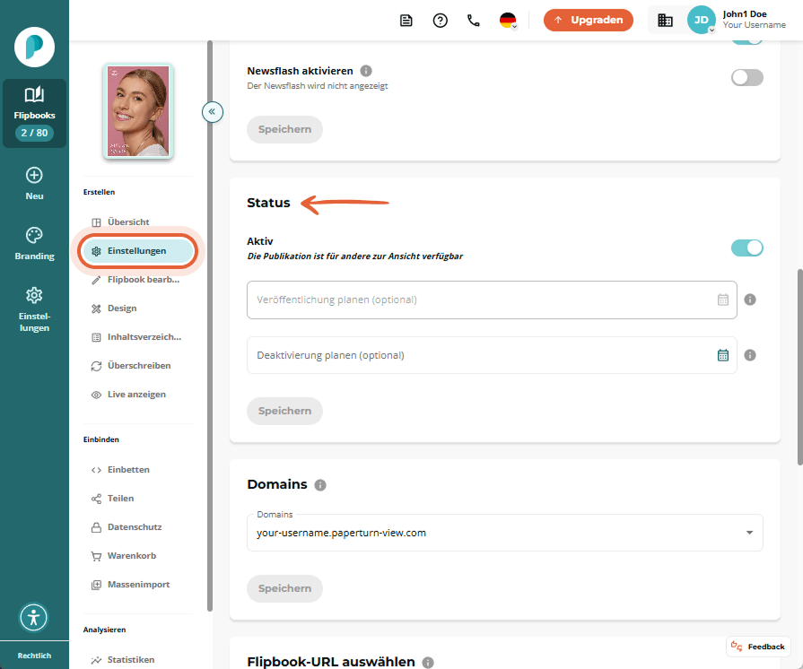 Abschnitt Status in den Einstellungen. Der Schalter Aktiv ist eingeschaltet zwei optionale Datumswäh