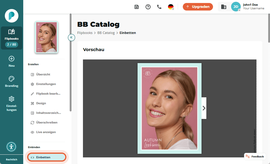 Zeigen Sie im Embed-Tab des Flipbooks eine Vorschau der eingebetteten Darstellung an.