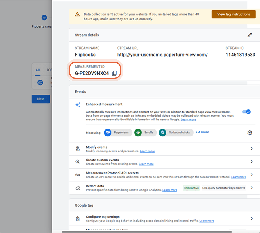 Webstream-Details mit Mess-ID und erweiterten Messoptionen.