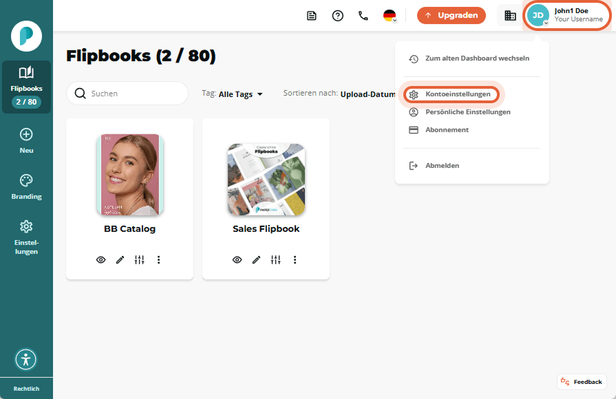Flipbook Seite mit geöffnetem Profilmenü; die Option „Kontoeinstellungen“ im Dropdown ist zur Hervor
