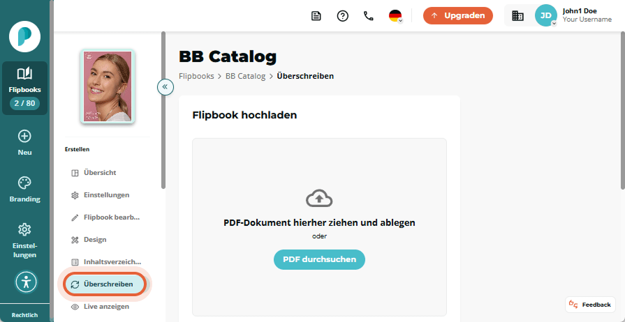 Flipbook-Dashboard mit geöffnetem Optionsmenü und Auswahl „Überschreiben“.