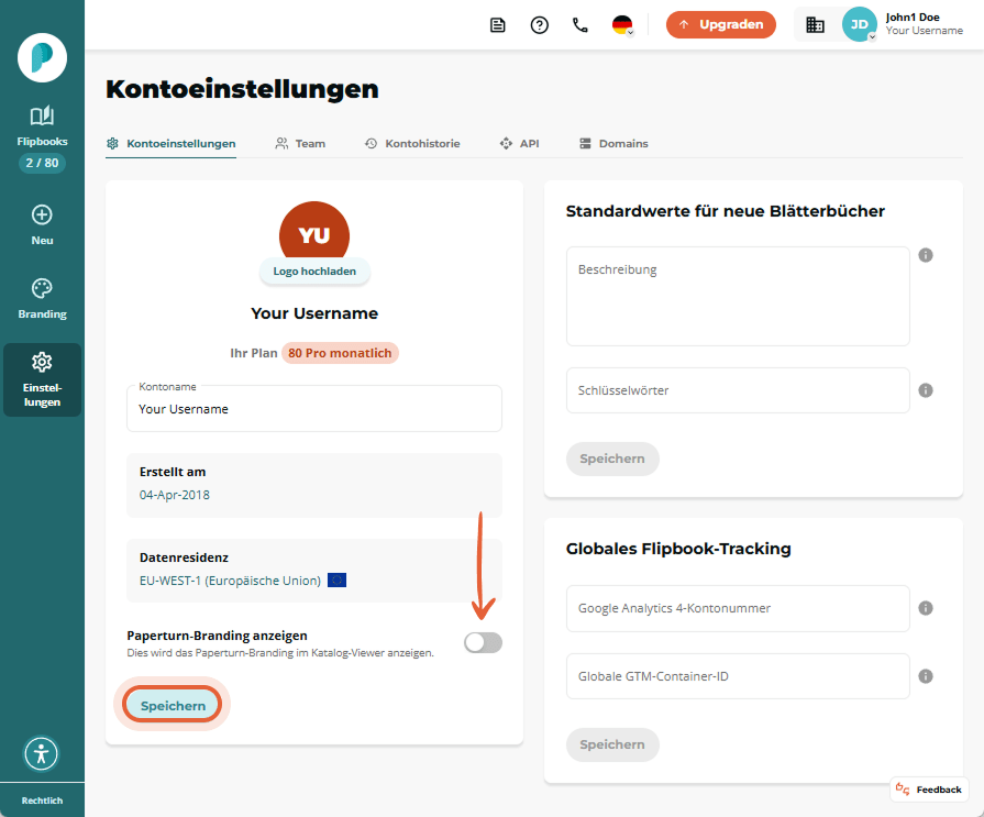Auf der Seite mit den Kontoeinstellungen deaktiviert der Benutzer die Option „Paperturn-Branding anz Auf der Seite mit den Kontoeinstellungen deaktiviert der Benutzer die Option „Paperturn-Branding anz