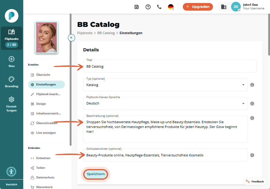 Einstellungsfenster mit dem Titel „BB Catalog“, einer Beschreibung über Hautpflegeprodukte und aufge Einstellungsfenster mit dem Titel „BB Catalog“, einer Beschreibung über Hautpflegeprodukte und aufge