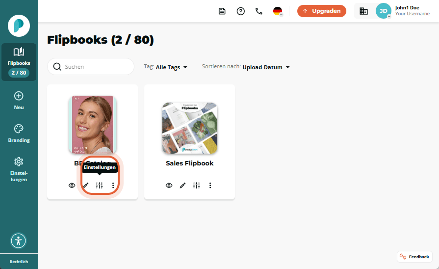 Flipbook-Übersicht mit erneut hervorgehobenem Einstellungen-Symbol für den BB-Katalog