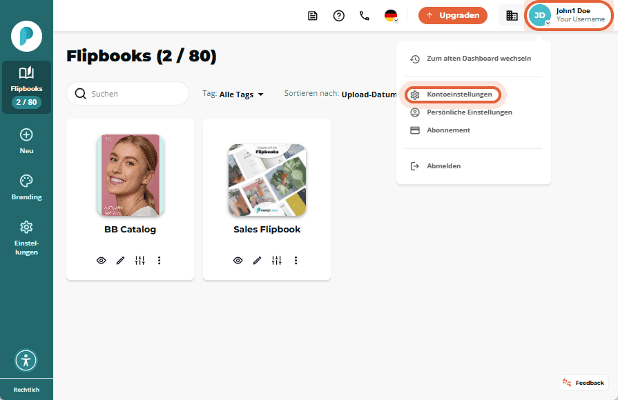 Der Benutzer öffnet das Dropdown-Menü unter seinem Profil, um auf „Kontoeinstellungen“ zuzugreifen.