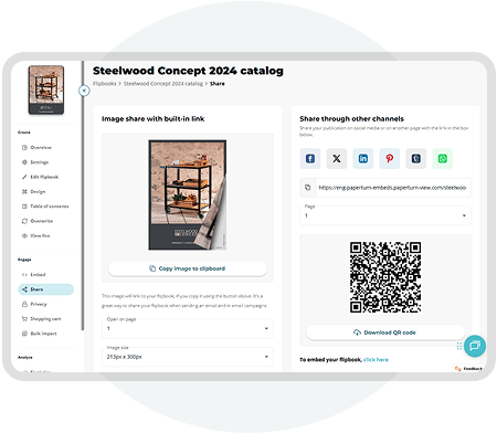Alt text: Paperturn sharing dashboard showing options to distribute digital publications via QR code