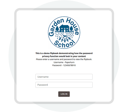 Password-protected digital publication login screen demonstrating Paperturn’s privacy and access con