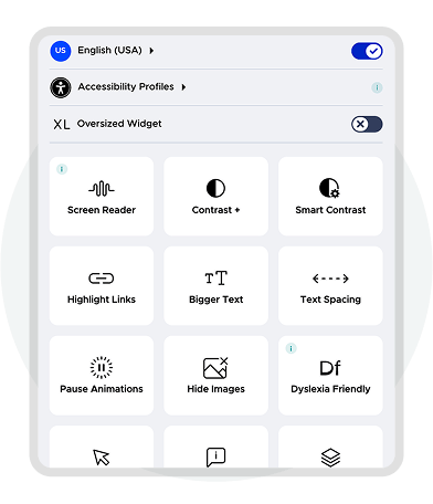 Accessibility settings widget in Paperturn showing tools like screen reader, contrast adjustment, te