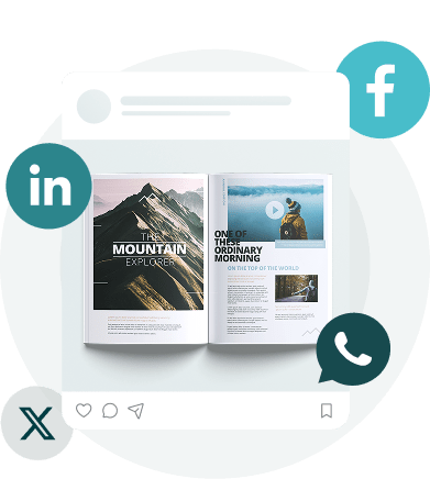 Social post preview featuring a digital flipbook with video icon and network badges, representing Paperturn’s channel and engagement analytics