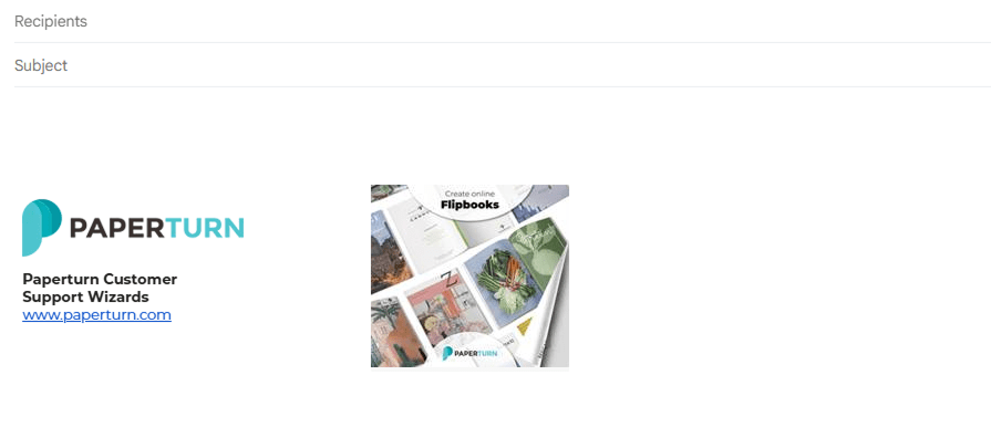Gmail compose window displaying a Paperturn email signature with logo, tagline and a flipbook previe