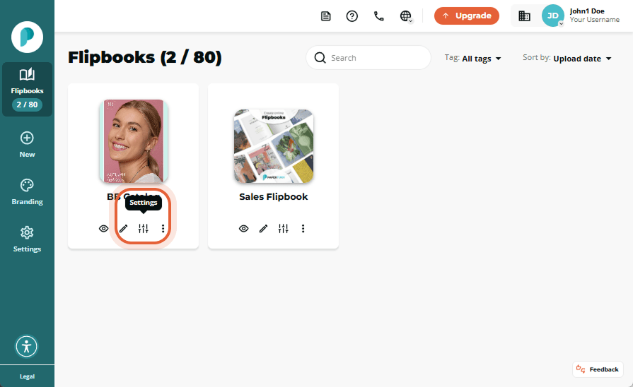 Flipbooks dashboard showing two flipbooks, with the 