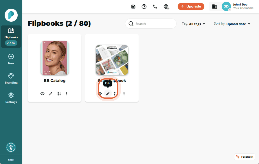 Edit icon highlighted below the Sales Flipbook preview in the Flipbooks dashboard.