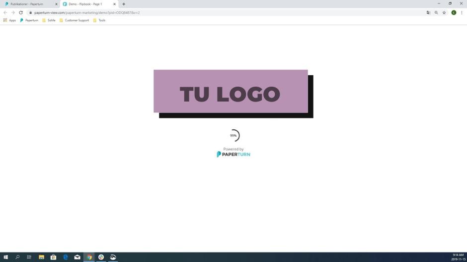 Una pestaña de navegador que muestra la página de carga de un folioscopio con un logotipo personalizado Una pestaña de navegador que muestra la página de carga de un folioscopio con un logotipo personalizado