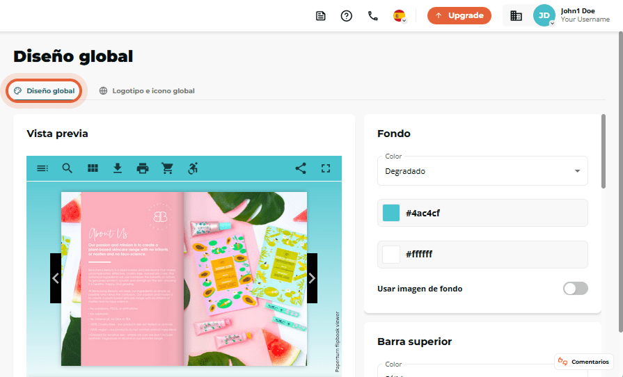 Página de diseño global abierta con la pestaña “Diseño global” activa y vista previa del flipbook co