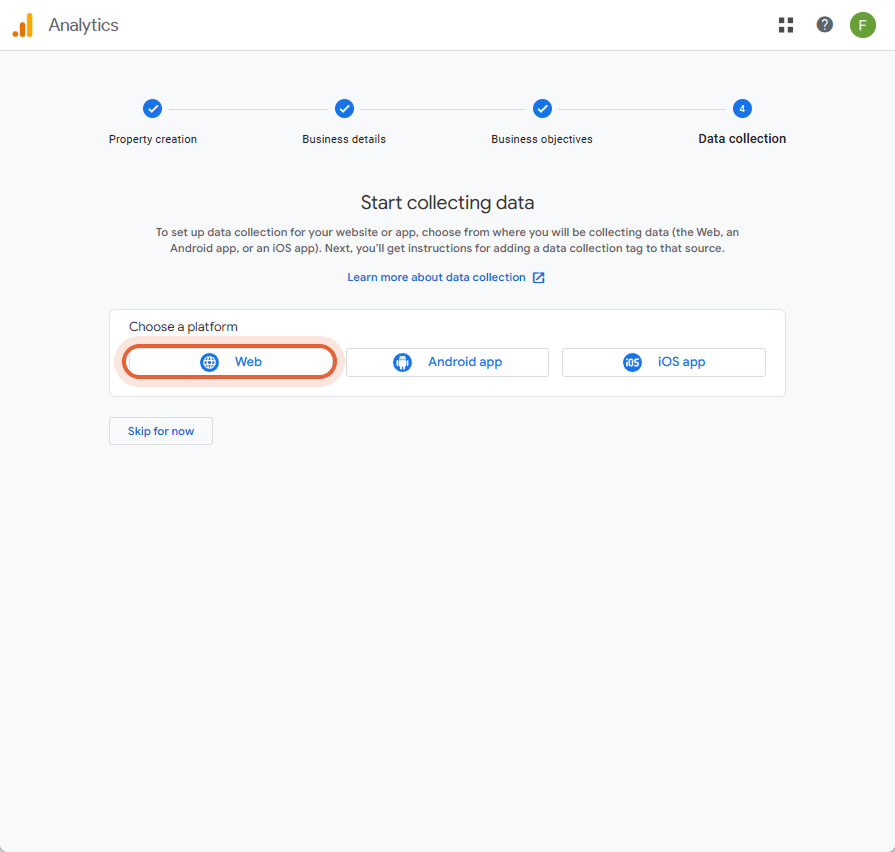 Interfaz de Google Analytics 4 con la opción 