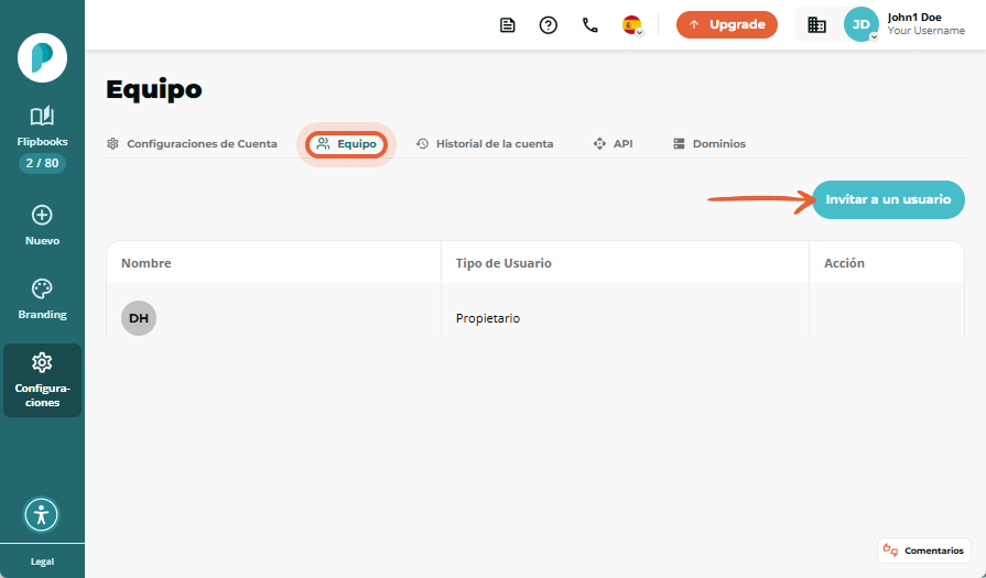 Captura de pantalla de la plataforma que muestra cómo un usuario puede navegar a la función Equipo p