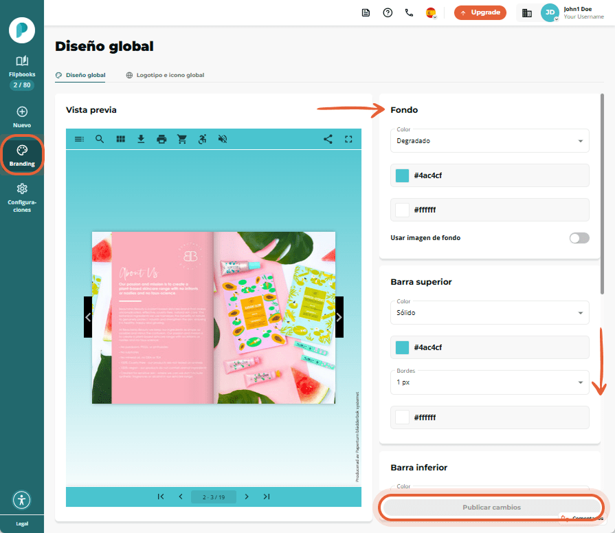 Vista de diseño global de branding, con la vista previa a la izquierda, controles de color de fondo 
