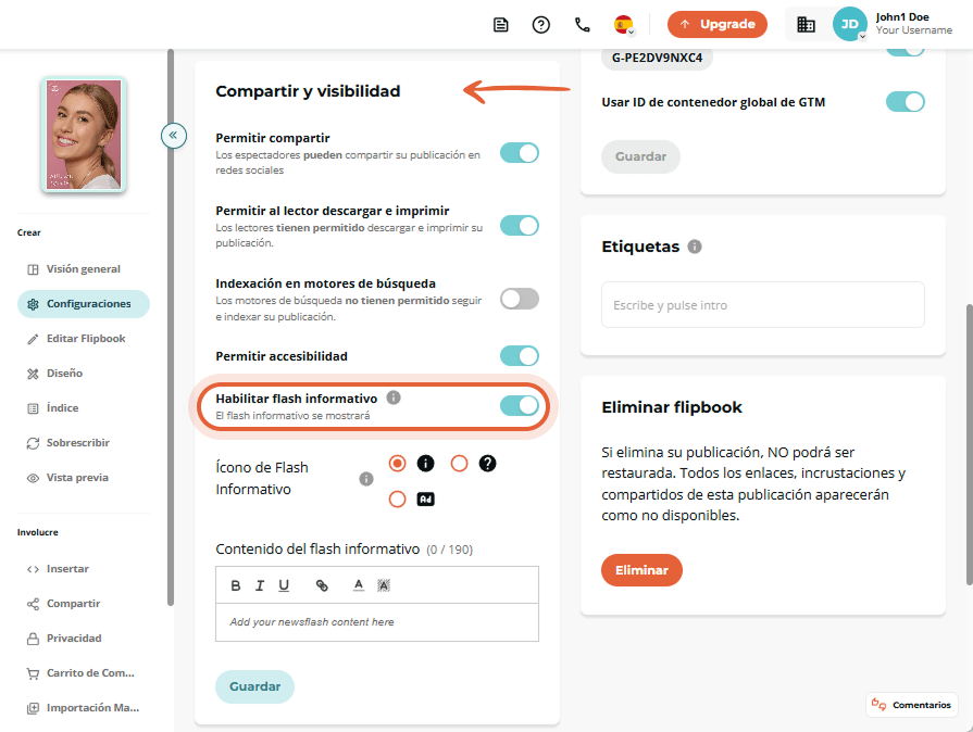 En la sección de Compartir y visibilidad, el usuario activa el interruptor de Newsflash. En la sección de Compartir y visibilidad, el usuario activa el interruptor de Newsflash.