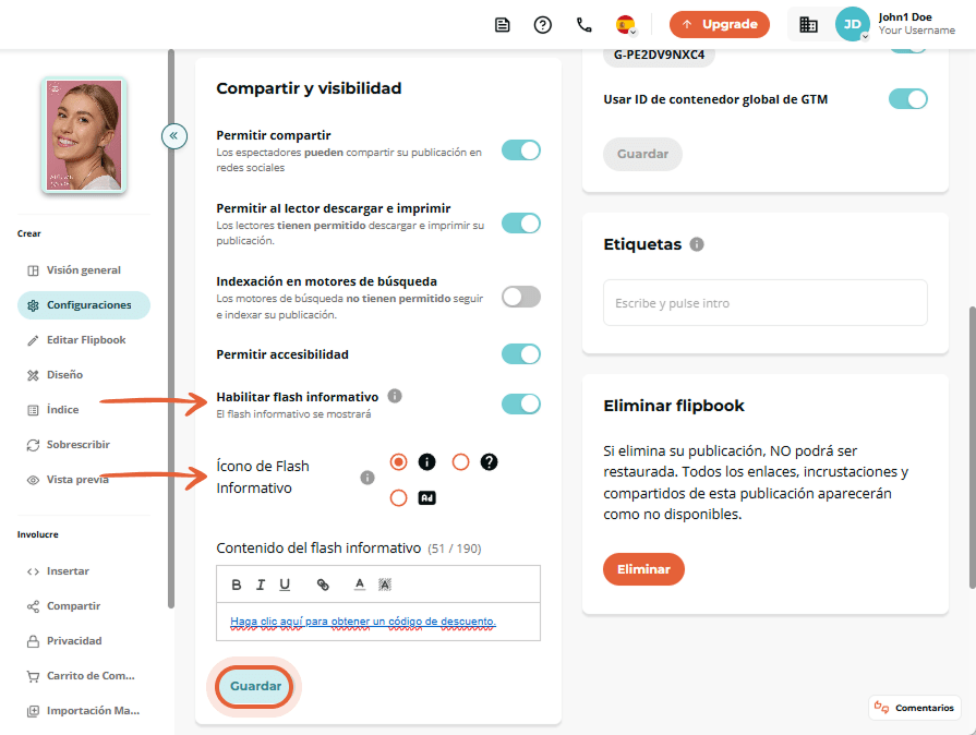 El usuario establece un icono de Newsflash y escribe un mensaje de descuento, luego hace clic en El usuario establece un icono de Newsflash y escribe un mensaje de descuento, luego hace clic en