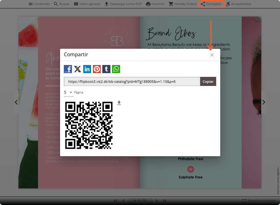 Modal de compartir en el visor de flipbook con botones sociales, enlace y código QR.