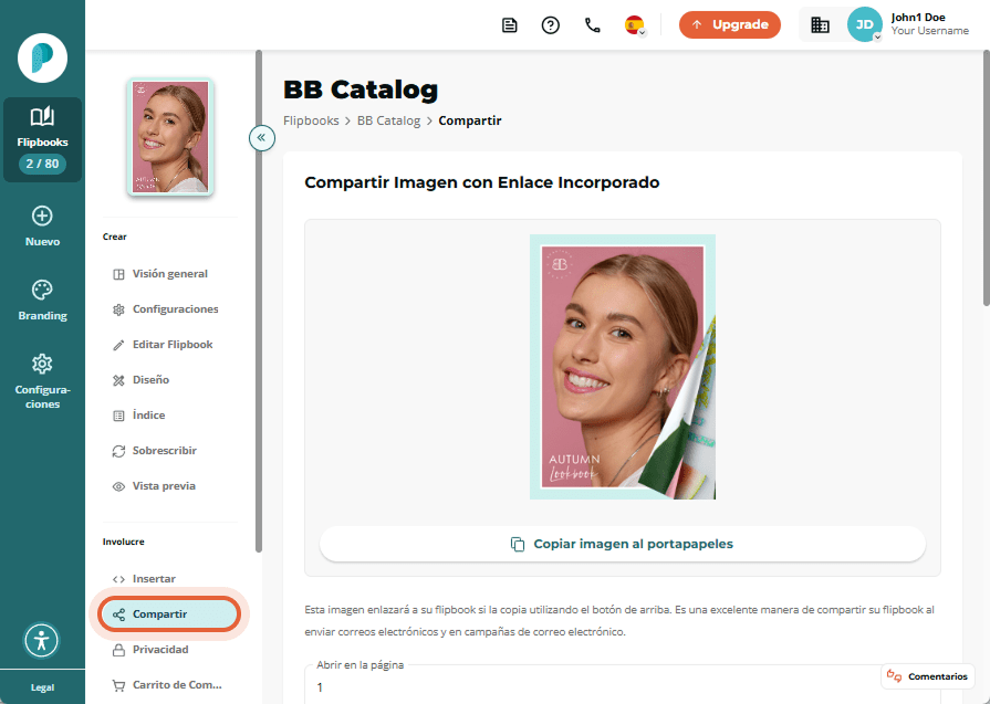 Página de configuración con interruptores para compartir, descargar, indexar y accesibilidad.