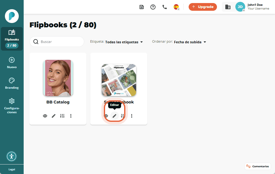 Icono de edición resaltado debajo de la vista previa de Sales Flipbook en el panel de flipbooks.