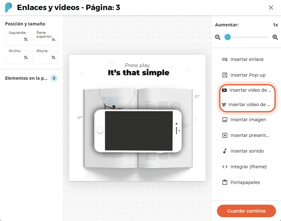 Menú Insertar vídeo con las opciones Insertar YouTube e Insertar Vimeo resaltadas a la derecha.