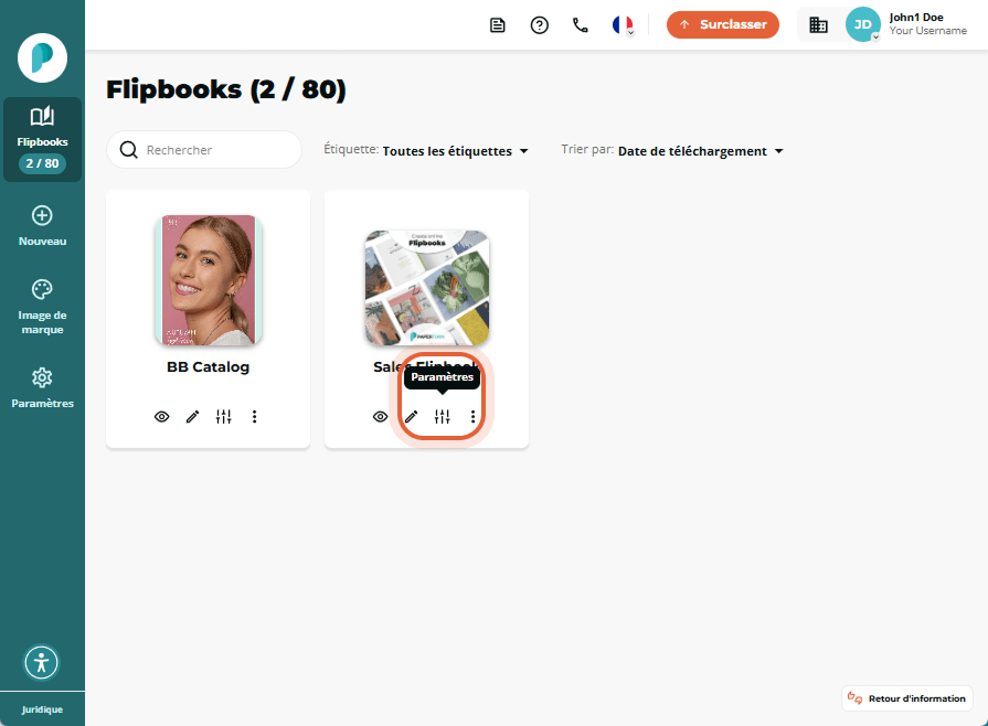 Tableau de bord Flipbooks avec l’icône curseur Paramètres mise en évidence pour « Sales Flipbook ».