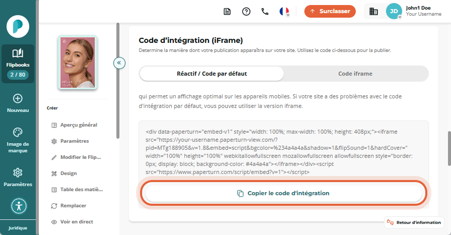 Copiez le code d'intégration du flipbook en cliquant sur 