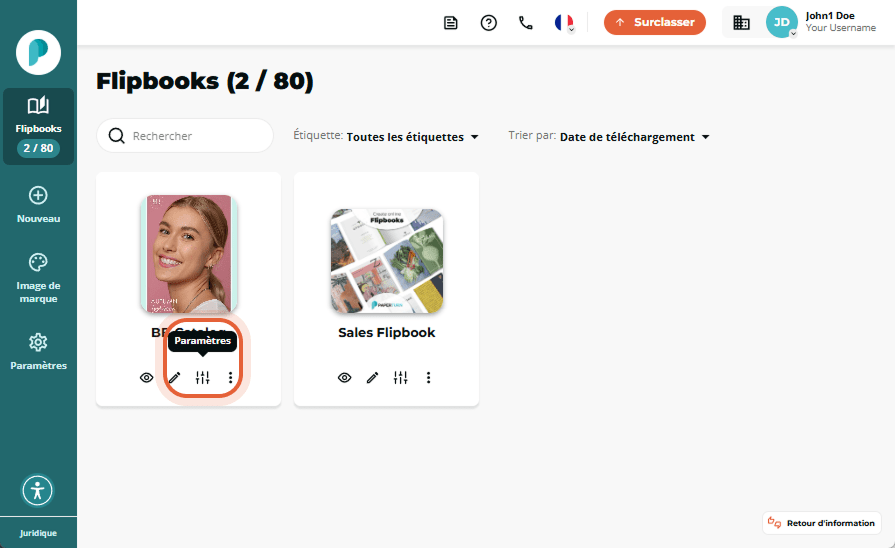 Aperçu du flipbook avec l'icône des paramètres de nouveau mise en évidence pour le catalogue BB