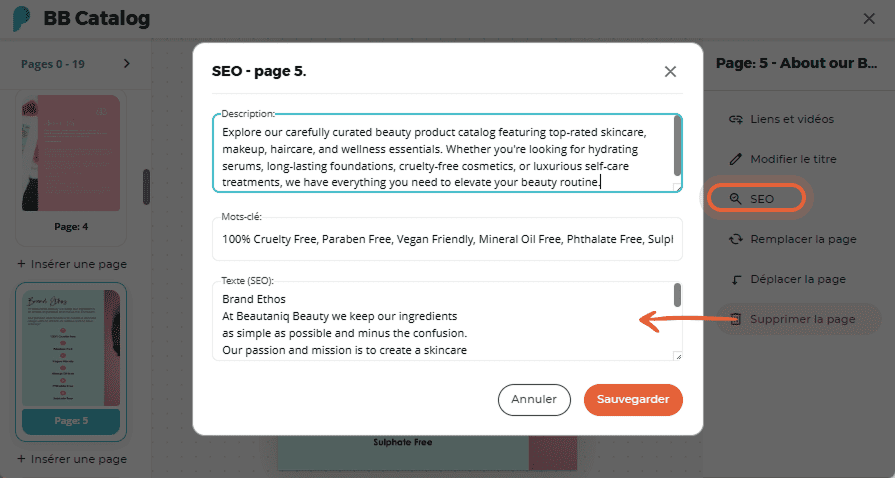 Panneau SEO avec champs pour la description, les mots-clés et le texte SEO de la page 5 dans un flip Panneau SEO avec champs pour la description, les mots-clés et le texte SEO de la page 5 dans un flip