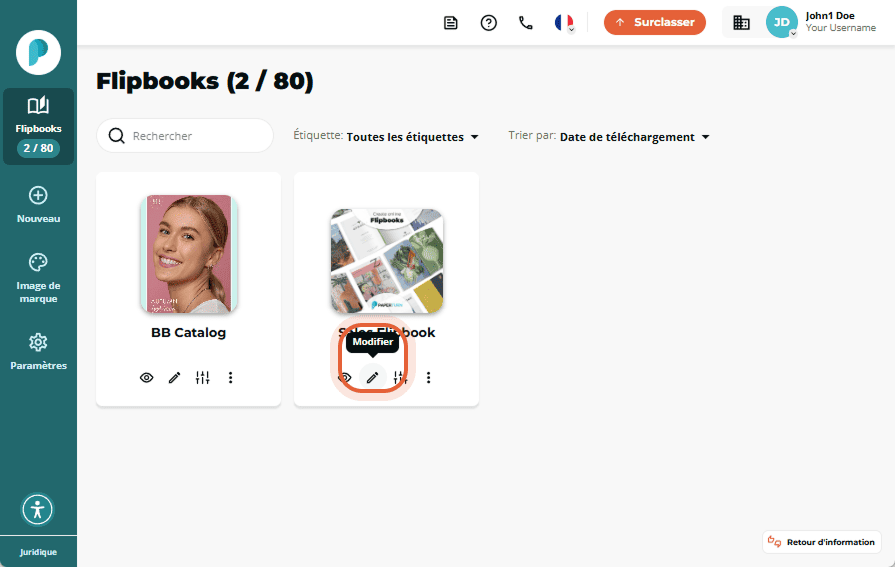 Icône de modification surlignée sous l’aperçu du Sales Flipbook dans le tableau de bord des flipbook
