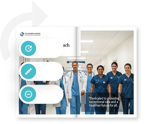 Digital hospital brochure with edit and sync icons — showing how Paperturn helps healthcare teams update content across locations and languages.