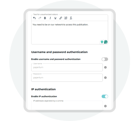 Paperturn security settings showing IP and password authentication options for controlling access to