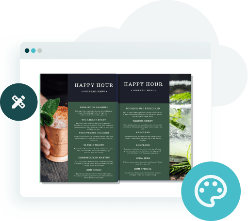 Editable bar cocktail menu layout featuring happy hour drinks and elegant typography