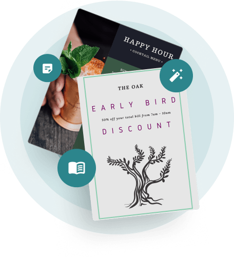 Restaurant menu design showcase featuring early bird discount and happy hour cocktail menu templates