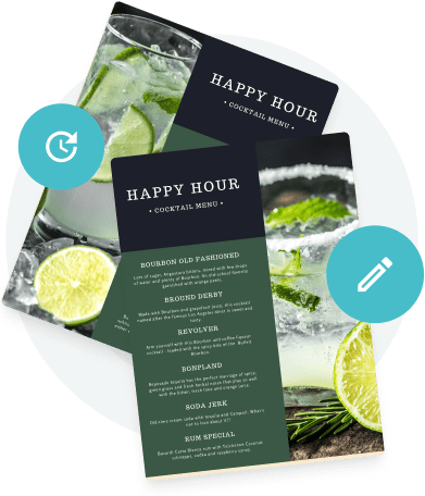 Happy hour cocktail menu design with margarita images, modern dark green layout